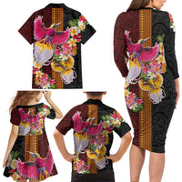 Papua New Guinea Birds and Frangipani Family Matching Long Sleeve Bodycon Dress and Hawaiian Shirt Melanesian Art Tattoos LT03 - Polynesian Pride