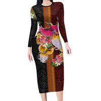 Papua New Guinea Birds and Frangipani Family Matching Long Sleeve Bodycon Dress and Hawaiian Shirt Melanesian Art Tattoos LT03 Mom's Dress Black - Polynesian Pride