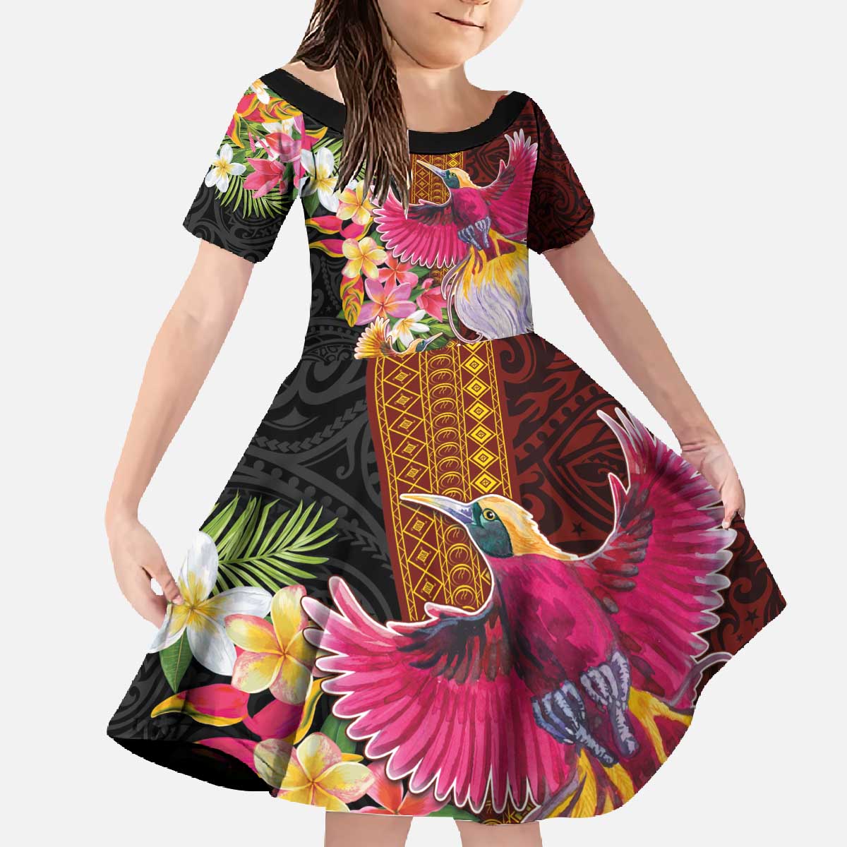 Papua New Guinea Birds and Frangipani Family Matching Off The Shoulder Long Sleeve Dress and Hawaiian Shirt Melanesian Art Tattoos - Polynesian Pride