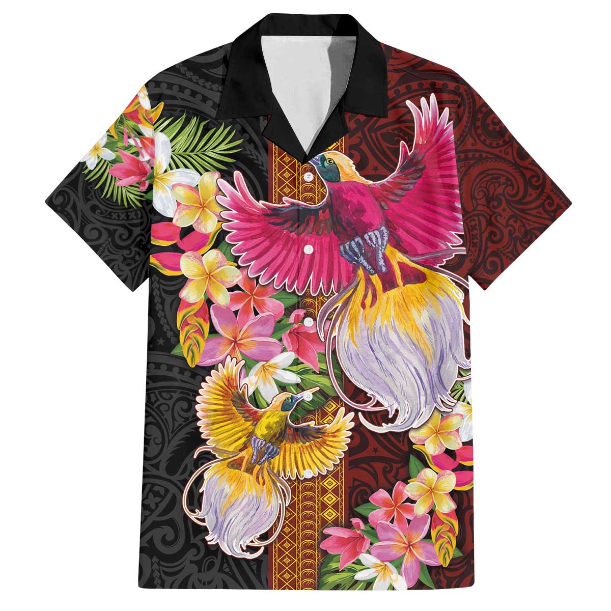 Papua New Guinea Birds and Frangipani Family Matching Off The Shoulder Long Sleeve Dress and Hawaiian Shirt Melanesian Art Tattoos - Polynesian Pride