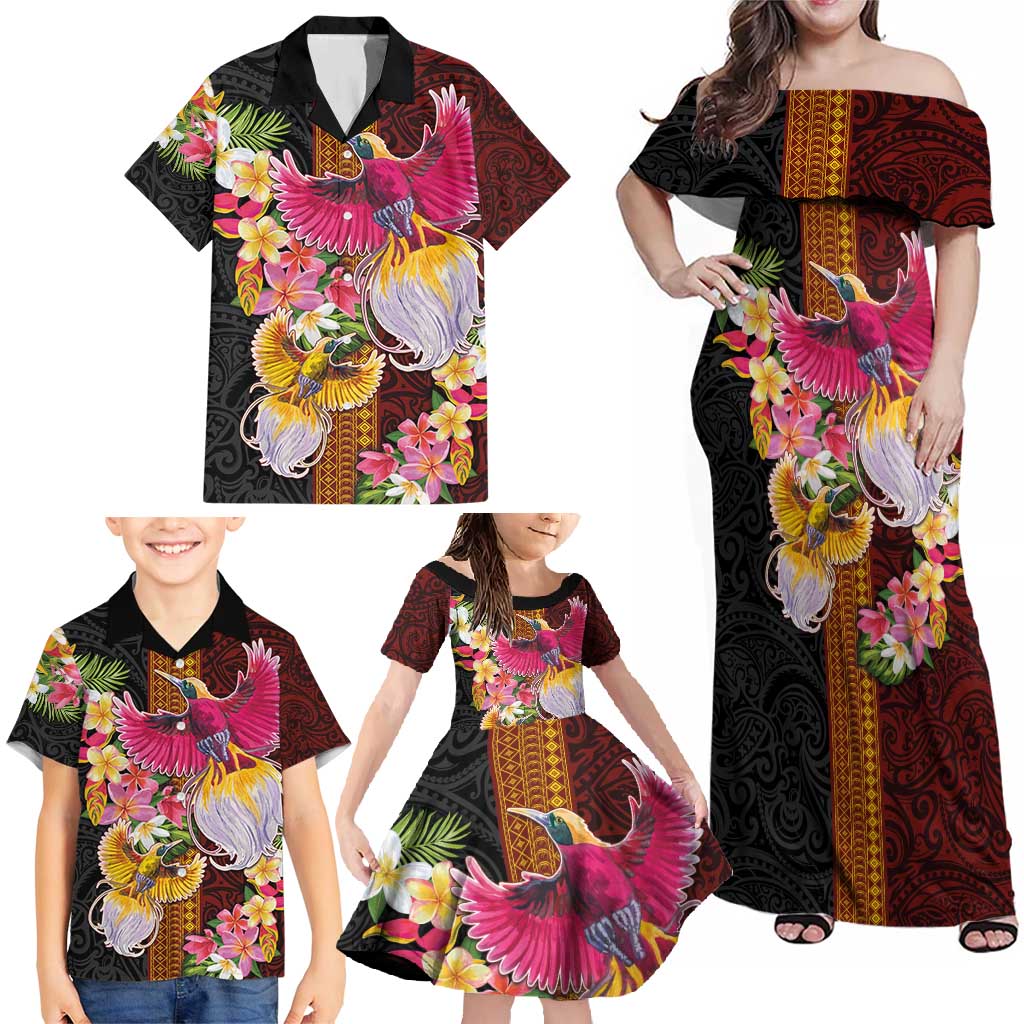 Papua New Guinea Birds and Frangipani Family Matching Off Shoulder Maxi Dress and Hawaiian Shirt Melanesian Art Tattoos - Polynesian Pride
