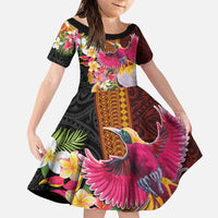 Papua New Guinea Birds and Frangipani Family Matching Puletasi and Hawaiian Shirt Melanesian Art Tattoos LT03 Daughter's Dress Black - Polynesian Pride