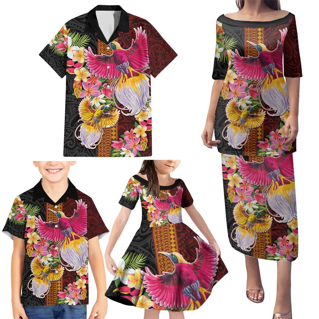 Papua New Guinea Birds and Frangipani Family Matching Puletasi and Hawaiian Shirt Melanesian Art Tattoos LT03 - Polynesian Pride