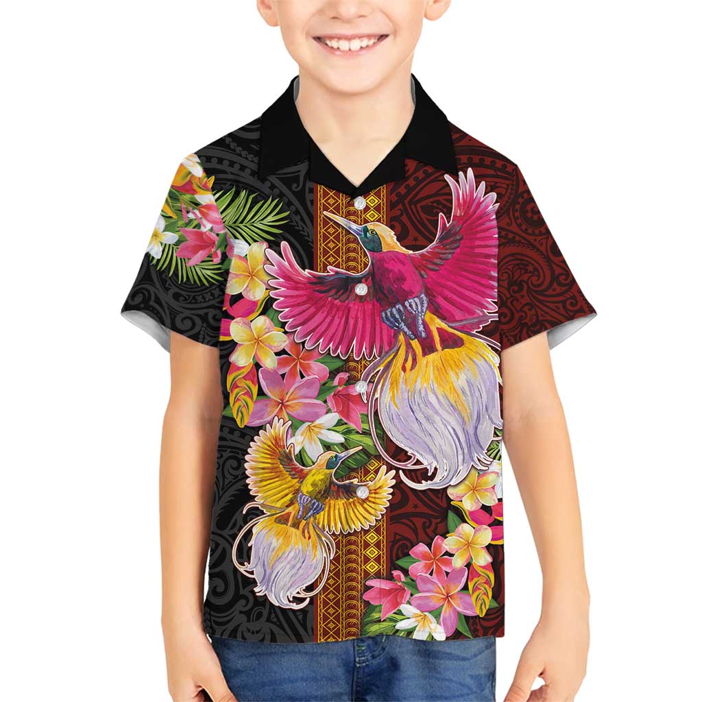 Papua New Guinea Birds and Frangipani Family Matching Puletasi and Hawaiian Shirt Melanesian Art Tattoos LT03 Son's Shirt Black - Polynesian Pride