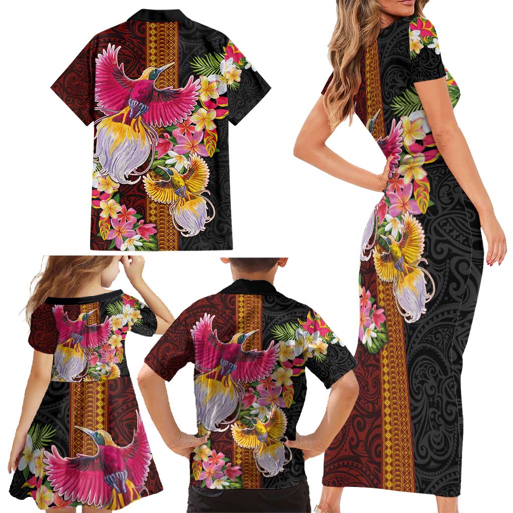 Papua New Guinea Birds and Frangipani Family Matching Short Sleeve Bodycon Dress and Hawaiian Shirt Melanesian Art Tattoos LT03 - Polynesian Pride
