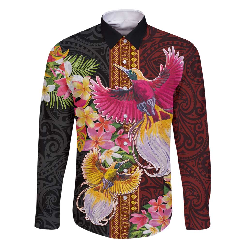 Papua New Guinea Birds and Frangipani Family Matching Short Sleeve Bodycon Dress and Hawaiian Shirt Melanesian Art Tattoos LT03 Dad's Shirt - Long Sleeve Black - Polynesian Pride
