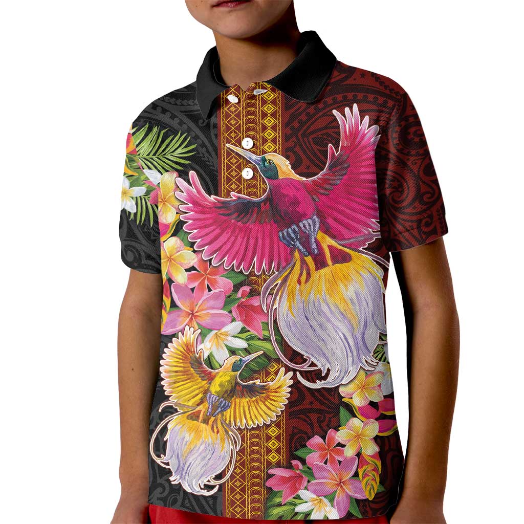 Papua New Guinea Birds and Frangipani Kid Polo Shirt Melanesian Art Tattoos LT03 Kid Black - Polynesian Pride