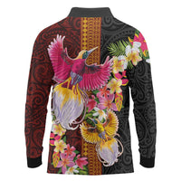 Papua New Guinea Birds and Frangipani Long Sleeve Polo Shirt Melanesian Art Tattoos LT03 - Polynesian Pride