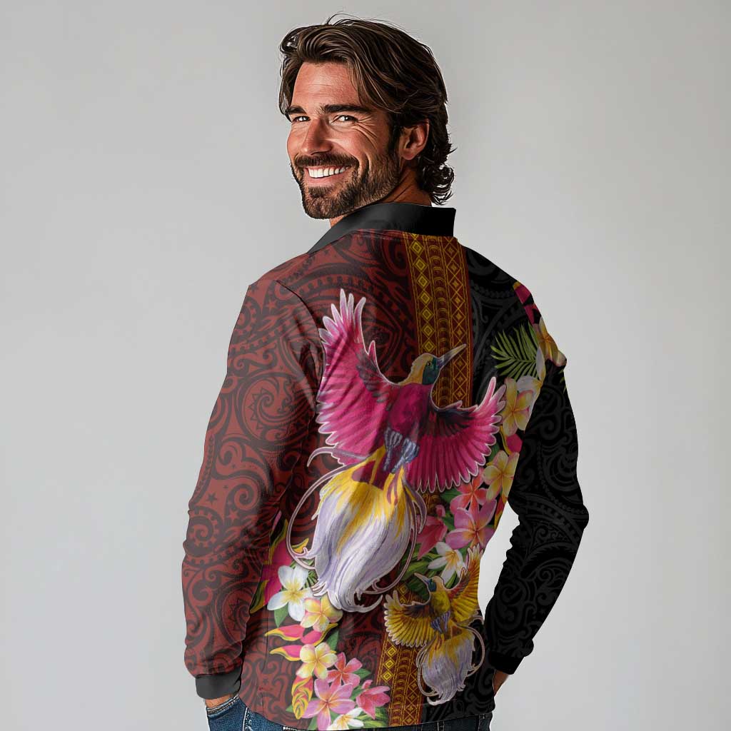 Papua New Guinea Birds and Frangipani Long Sleeve Polo Shirt Melanesian Art Tattoos LT03 - Polynesian Pride