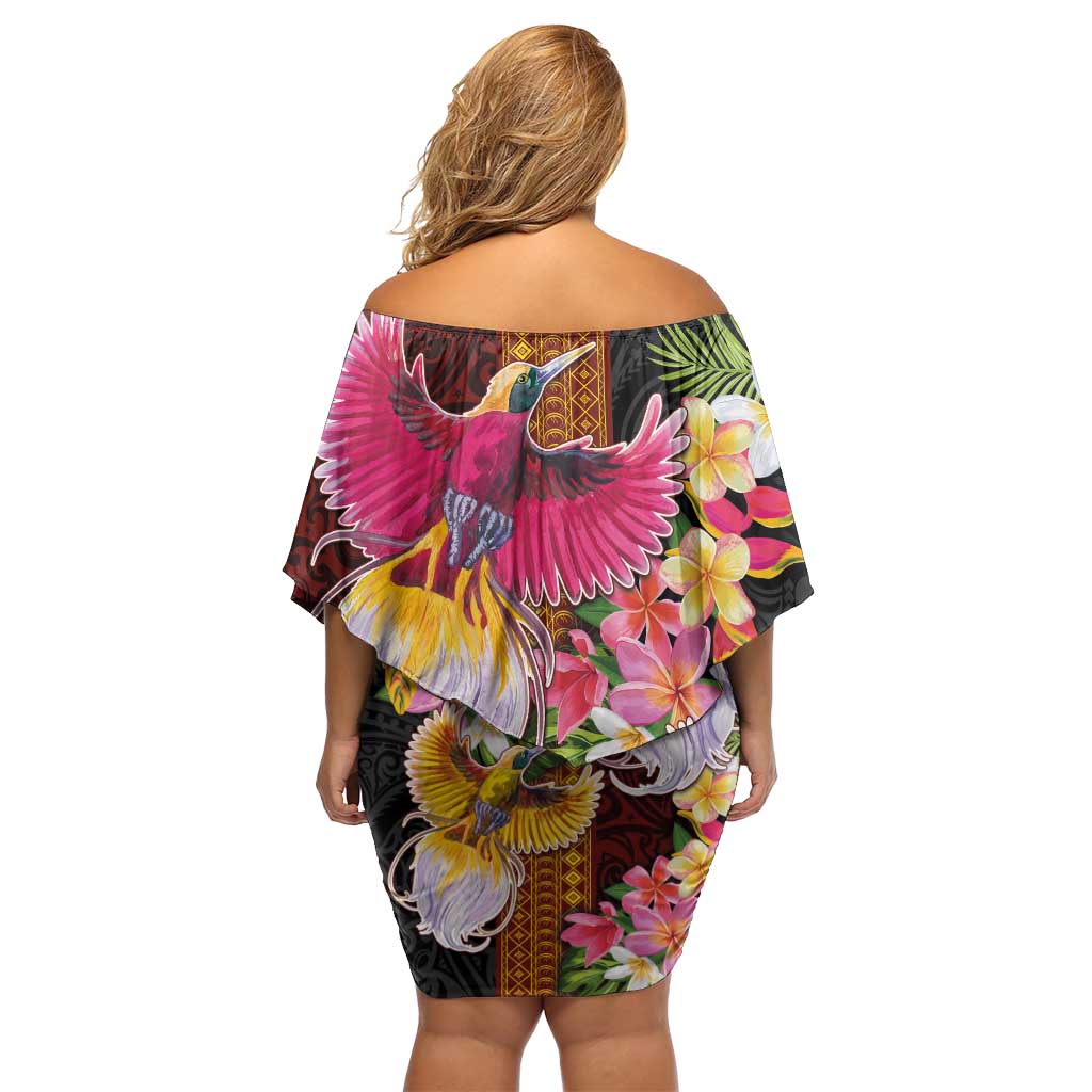 Papua New Guinea Birds and Frangipani Off Shoulder Short Dress Melanesian Art Tattoos - Polynesian Pride