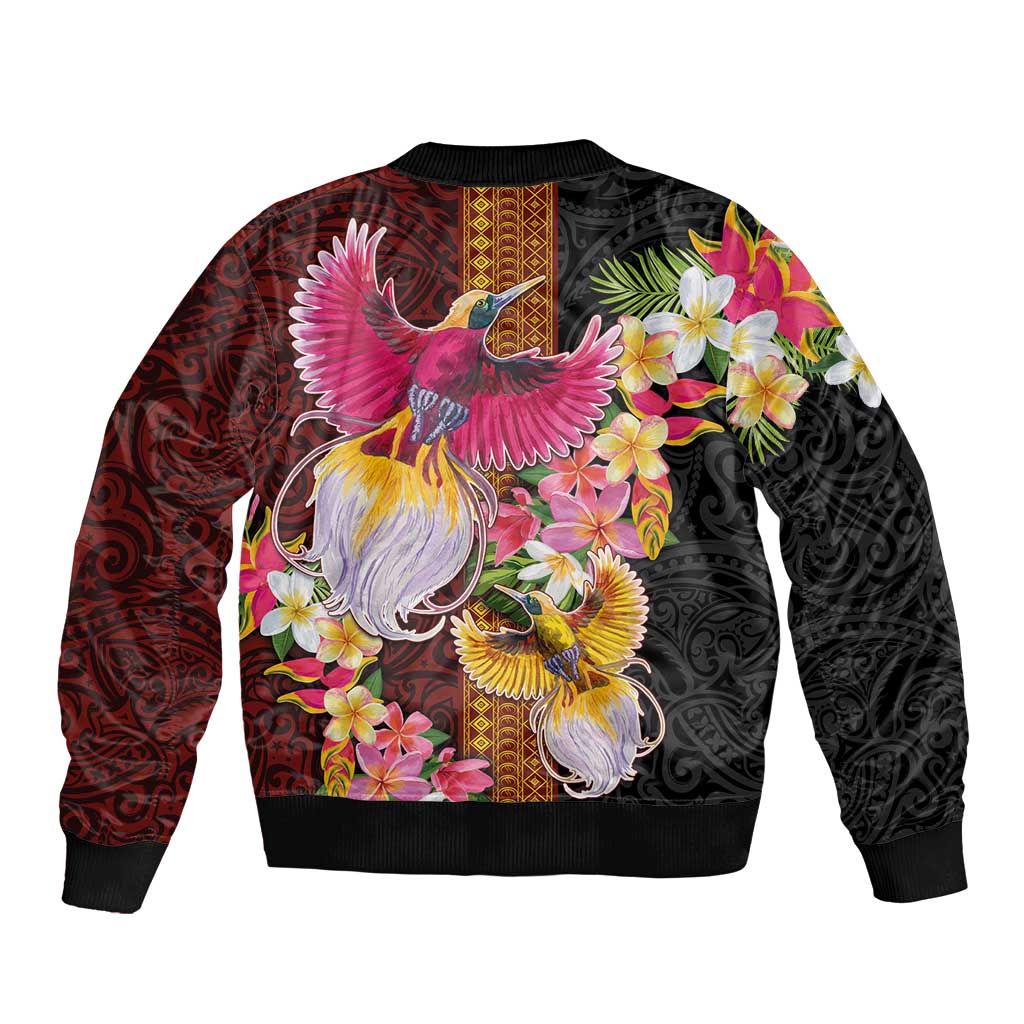 Papua New Guinea Birds and Frangipani Sleeve Zip Bomber Jacket Melanesian Art Tattoos - Polynesian Pride