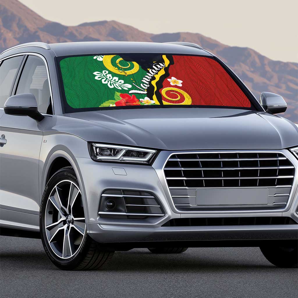 Melanesian Vanuatu Tribal Boar Tusk Auto Sun Shade Tropical Plants and Namele Motifs - Polynesian Pride