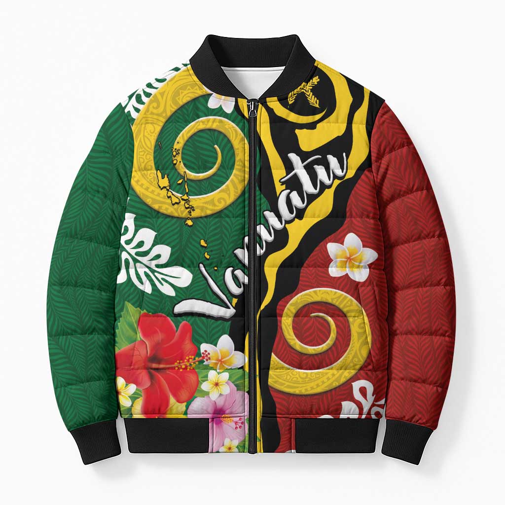 Melanesian Vanuatu Tribal Boar Tusk Bomber Puffer Jacket Tropical Plants and Namele Motifs - Polynesian Pride