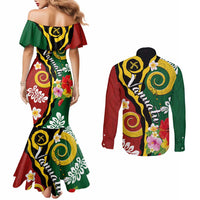 Melanesian Vanuatu Tribal Boar Tusk Couples Matching Mermaid Dress and Long Sleeve Button Shirt Tropical Plants and Namele Motifs - Polynesian Pride