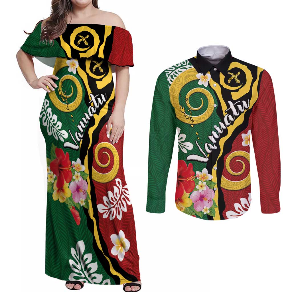 Melanesian Vanuatu Tribal Boar Tusk Couples Matching Off Shoulder Maxi Dress and Long Sleeve Button Shirt Tropical Plants and Namele Motifs - Polynesian Pride