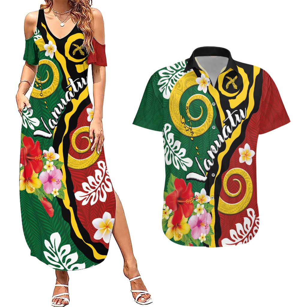 Melanesian Vanuatu Tribal Boar Tusk Couples Matching Summer Maxi Dress and Hawaiian Shirt Tropical Plants and Namele Motifs - Polynesian Pride