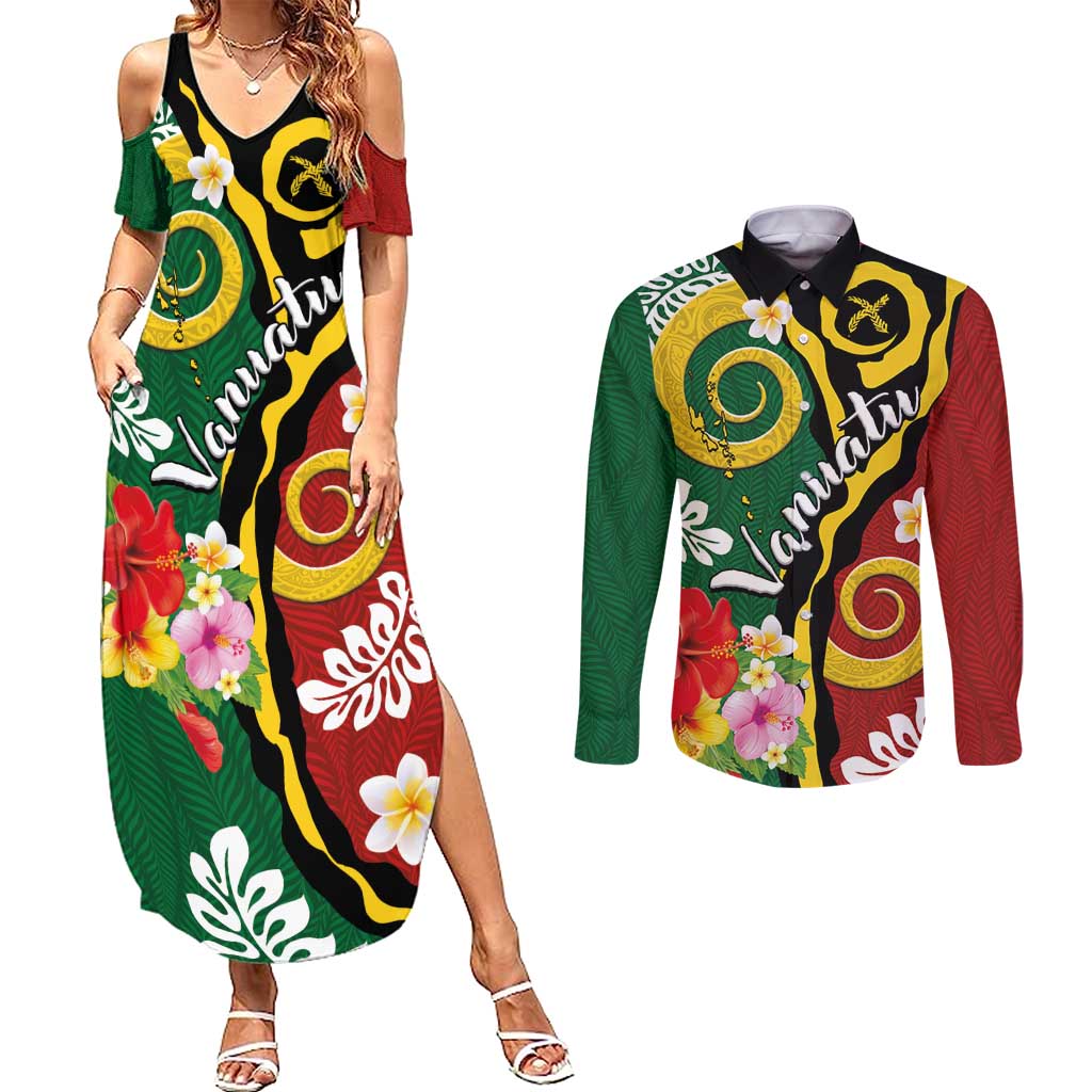 Melanesian Vanuatu Tribal Boar Tusk Couples Matching Summer Maxi Dress and Long Sleeve Button Shirt Tropical Plants and Namele Motifs - Polynesian Pride