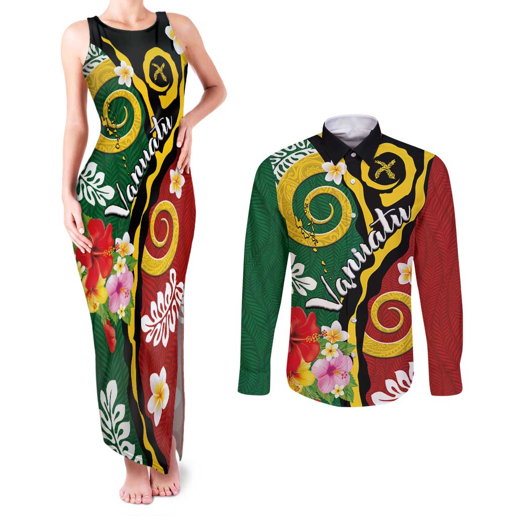 Melanesian Vanuatu Tribal Boar Tusk Couples Matching Tank Maxi Dress and Long Sleeve Button Shirt Tropical Plants and Namele Motifs - Polynesian Pride