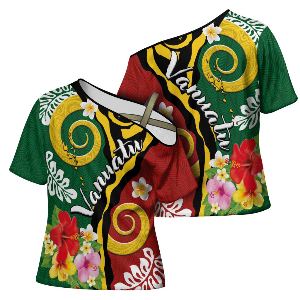 Melanesian Vanuatu Tribal Boar Tusk Cross Shoulder Shirt Tropical Plants and Namele Motifs - Polynesian Pride