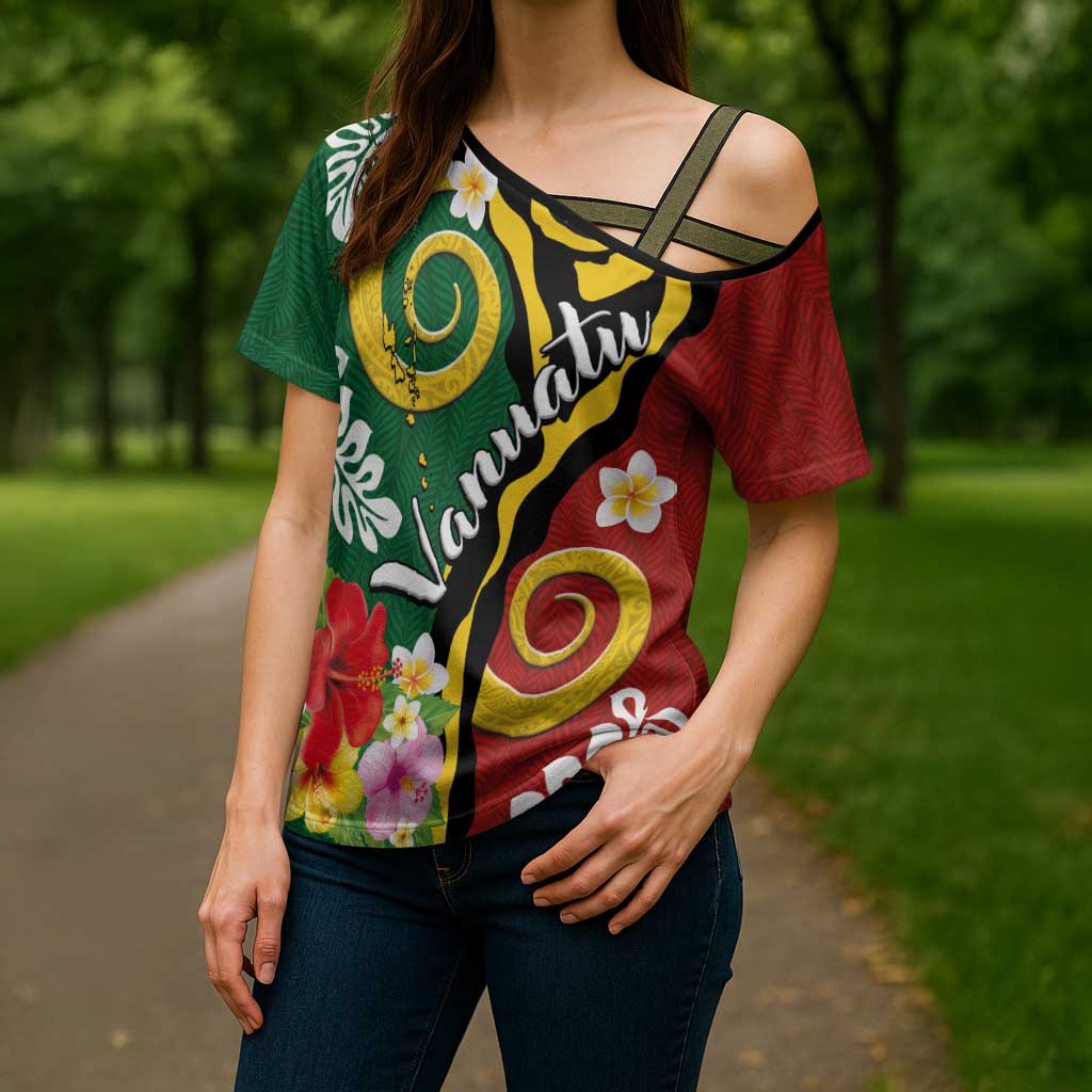 Melanesian Vanuatu Tribal Boar Tusk Cross Shoulder Shirt Tropical Plants and Namele Motifs - Polynesian Pride