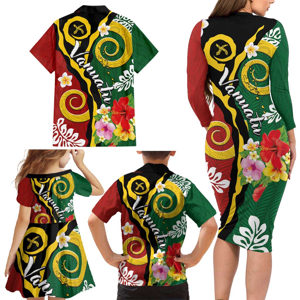 Melanesian Vanuatu Tribal Boar Tusk Family Matching Long Sleeve Bodycon Dress and Hawaiian Shirt Tropical Plants and Namele Motifs - Polynesian Pride