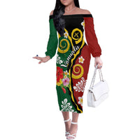 Melanesian Vanuatu Tribal Boar Tusk Family Matching Off The Shoulder Long Sleeve Dress and Hawaiian Shirt Tropical Plants and Namele Motifs - Polynesian Pride