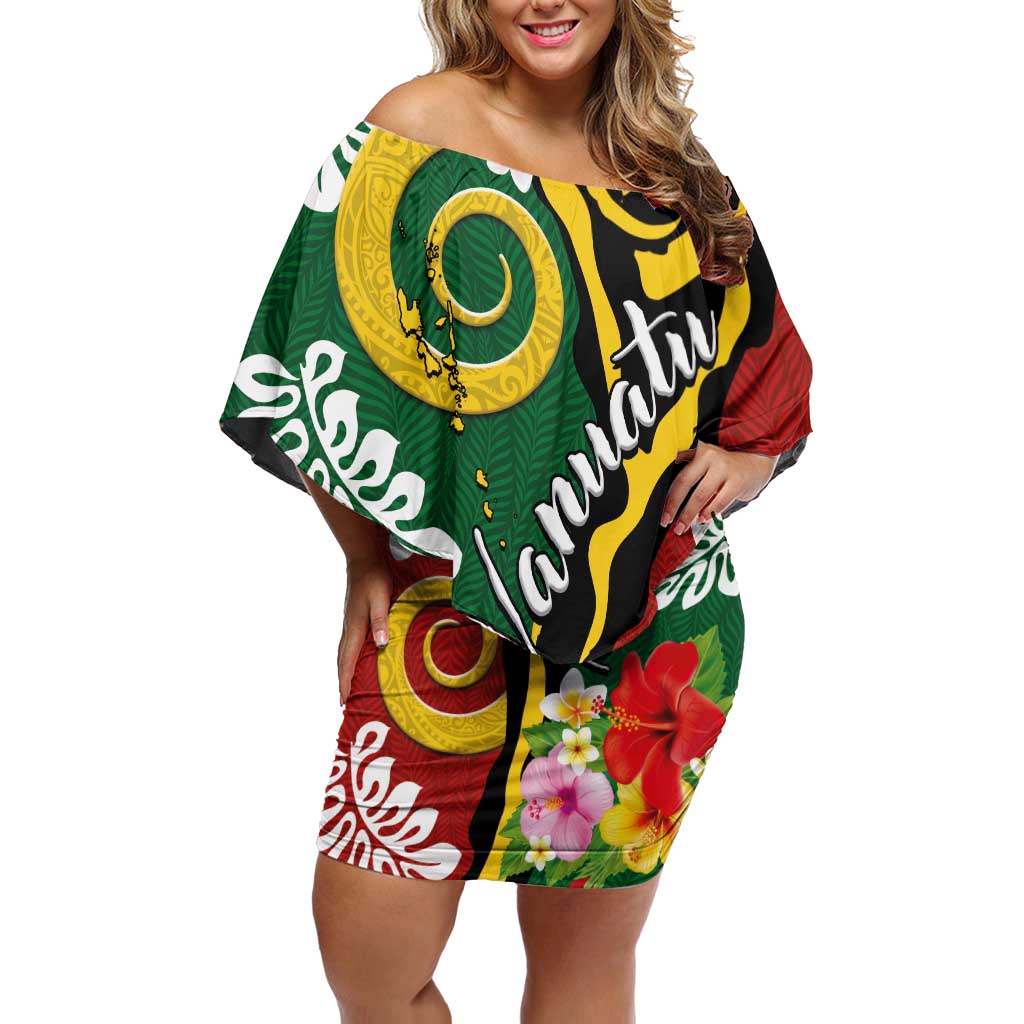 Melanesian Vanuatu Tribal Boar Tusk Family Matching Off Shoulder Short Dress and Hawaiian Shirt Tropical Plants and Namele Motifs - Polynesian Pride