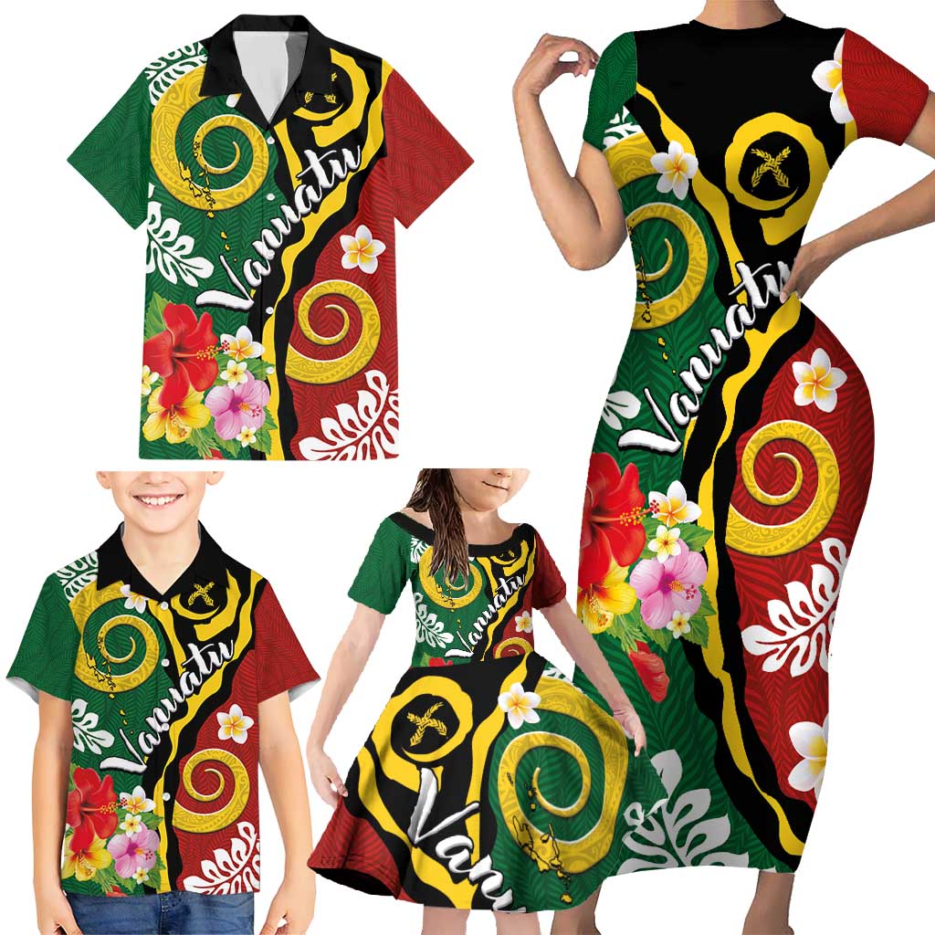 Melanesian Vanuatu Tribal Boar Tusk Family Matching Short Sleeve Bodycon Dress and Hawaiian Shirt Tropical Plants and Namele Motifs - Polynesian Pride