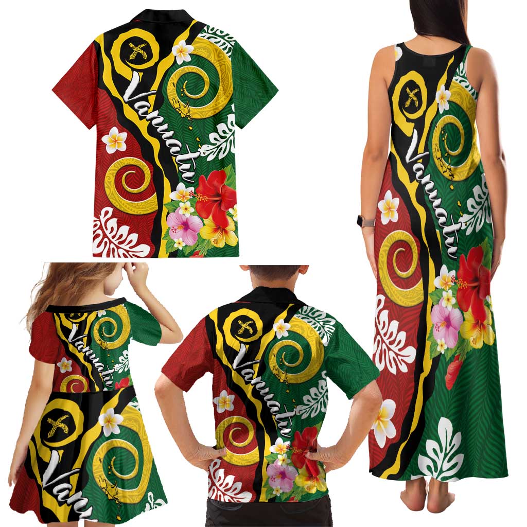 Melanesian Vanuatu Tribal Boar Tusk Family Matching Tank Maxi Dress and Hawaiian Shirt Tropical Plants and Namele Motifs - Polynesian Pride