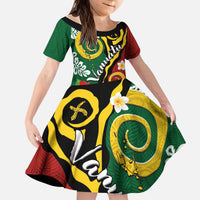 Melanesian Vanuatu Tribal Boar Tusk Kid Short Sleeve Dress Tropical Plants and Namele Motifs - Polynesian Pride