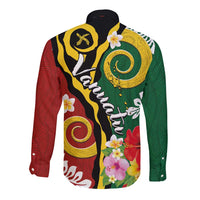 Melanesian Vanuatu Tribal Boar Tusk Long Sleeve Button Shirt Tropical Plants and Namele Motifs - Polynesian Pride