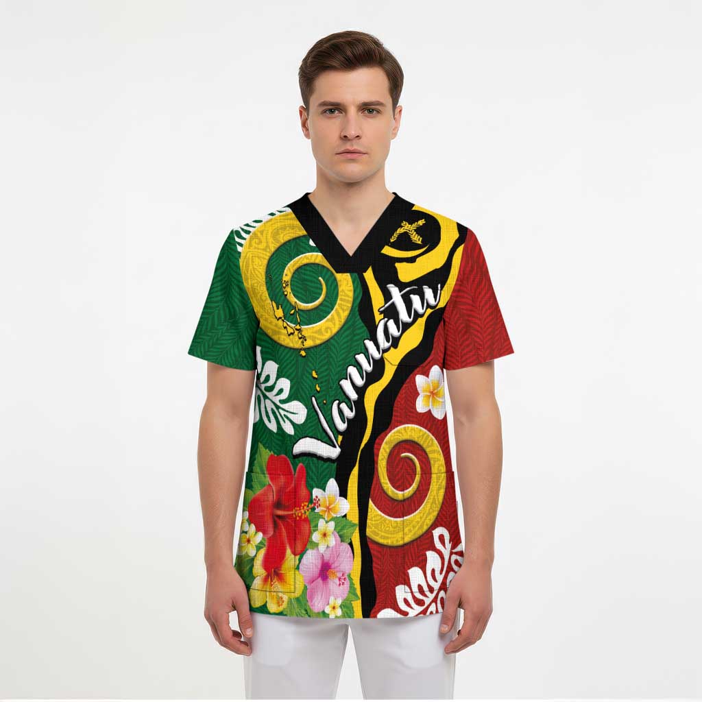 Melanesian Vanuatu Tribal Boar Tusk Scrub Top Tropical Plants and Namele Motifs - Polynesian Pride