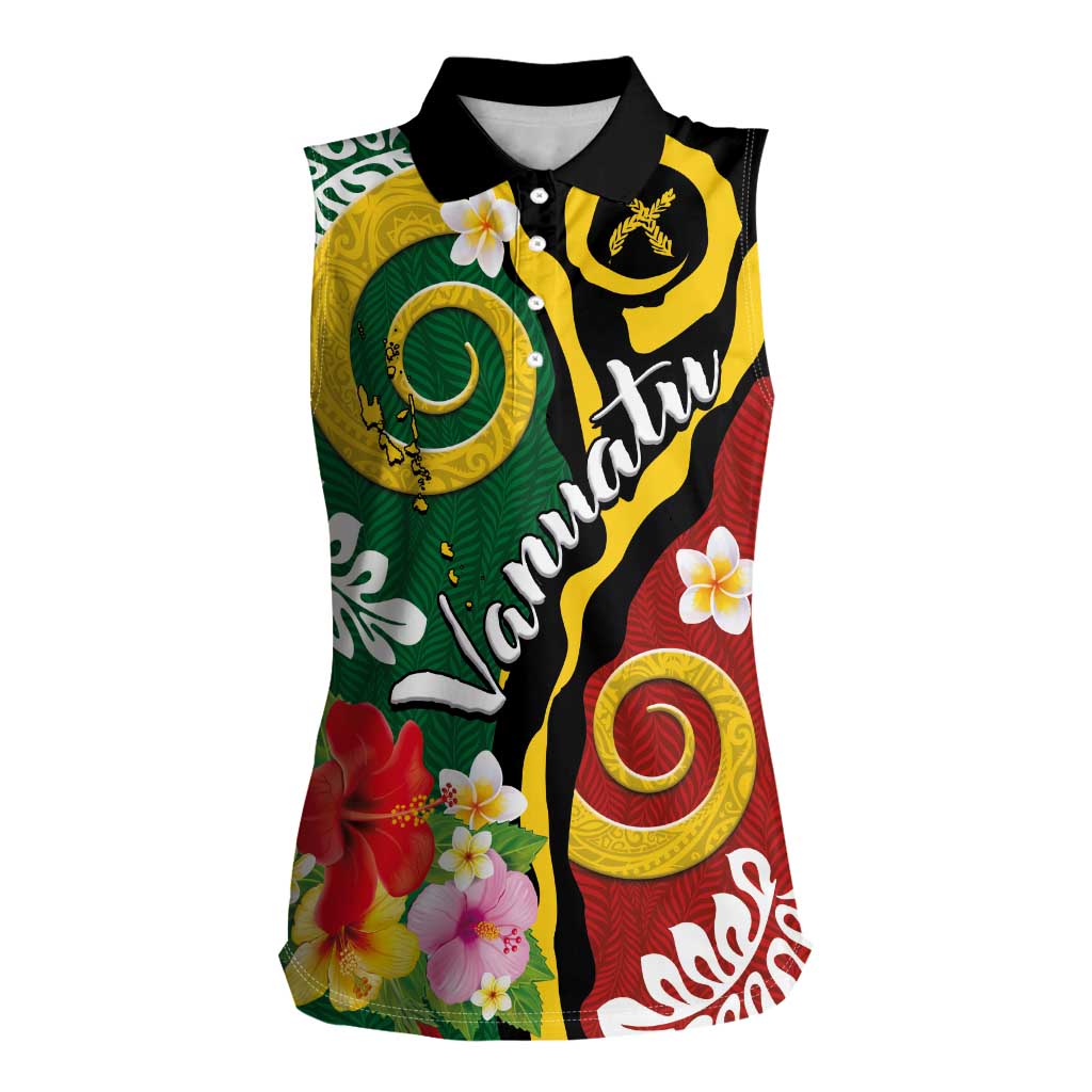 Melanesian Vanuatu Tribal Boar Tusk Women Sleeveless Polo Shirt Tropical Plants and Namele Motifs - Polynesian Pride