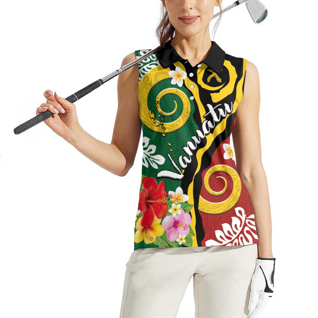 Melanesian Vanuatu Tribal Boar Tusk Women Sleeveless Polo Shirt Tropical Plants and Namele Motifs - Polynesian Pride