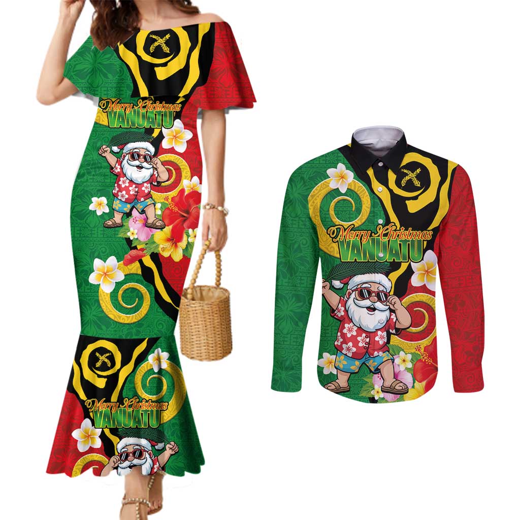 Vanuatu Christmas Couples Matching Mermaid Dress and Long Sleeve Button Shirt Funny Santa with Namele and Boar Tusk Tribal - Polynesian Pride