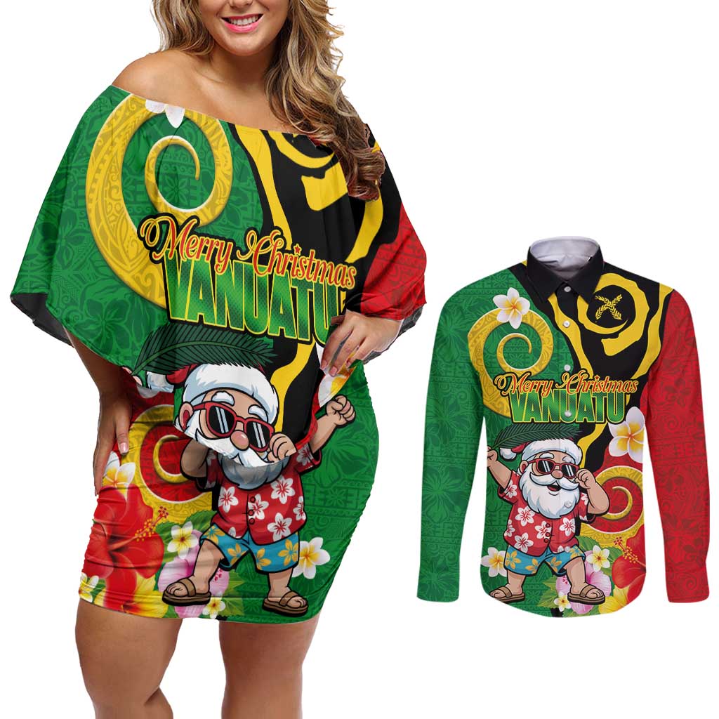 Vanuatu Christmas Couples Matching Off Shoulder Short Dress and Long Sleeve Button Shirt Funny Santa with Namele and Boar Tusk Tribal - Polynesian Pride