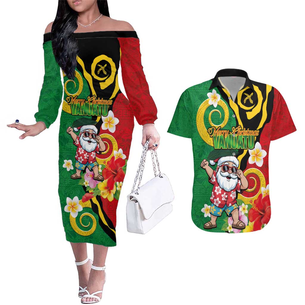 Vanuatu Christmas Couples Matching Off The Shoulder Long Sleeve Dress and Hawaiian Shirt Funny Santa with Namele and Boar Tusk Tribal - Polynesian Pride