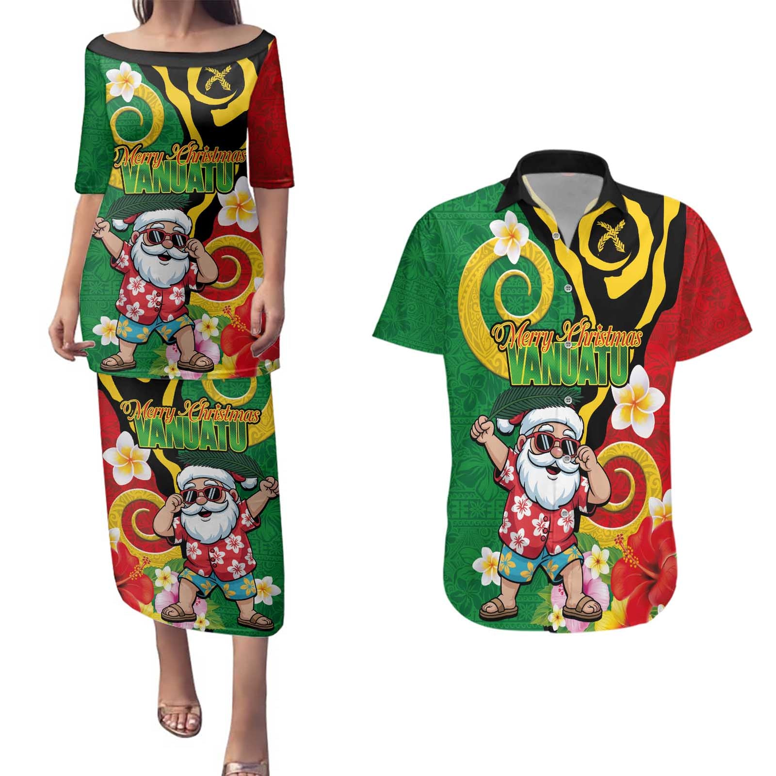 Vanuatu Christmas Couples Matching Puletasi and Hawaiian Shirt Funny Santa with Namele and Boar Tusk Tribal - Polynesian Pride