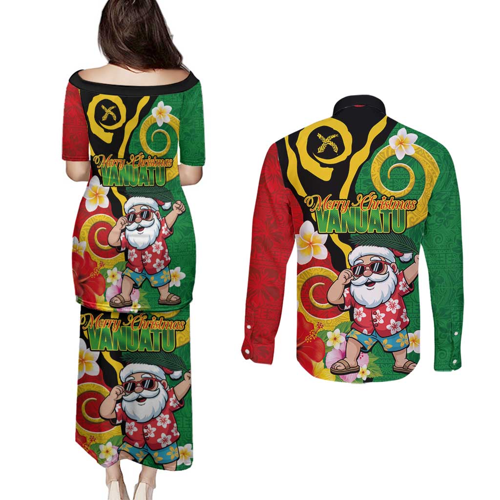 Vanuatu Christmas Couples Matching Puletasi and Long Sleeve Button Shirt Funny Santa with Namele and Boar Tusk Tribal - Polynesian Pride
