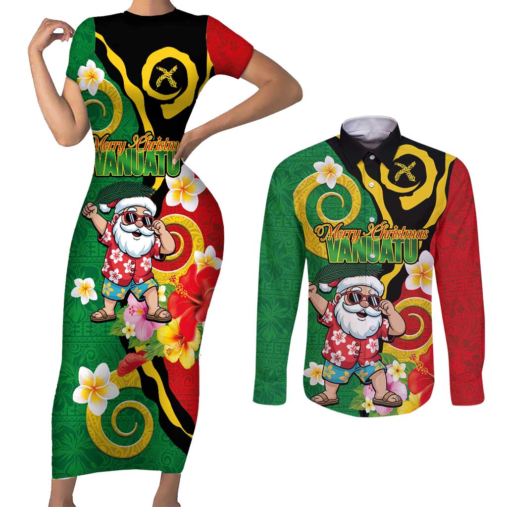 Vanuatu Christmas Couples Matching Short Sleeve Bodycon Dress and Long Sleeve Button Shirt Funny Santa with Namele and Boar Tusk Tribal - Polynesian Pride
