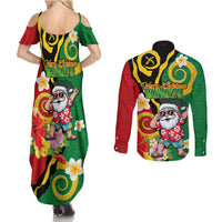 Vanuatu Christmas Couples Matching Summer Maxi Dress and Long Sleeve Button Shirt Funny Santa with Namele and Boar Tusk Tribal - Polynesian Pride