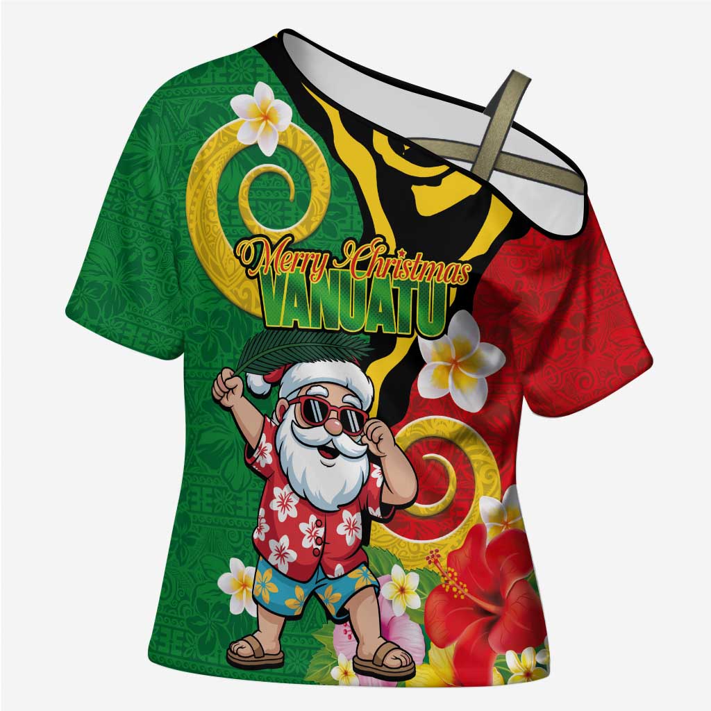 Vanuatu Christmas Cross Shoulder Shirt Funny Santa with Namele and Boar Tusk Tribal - Polynesian Pride
