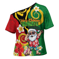 Vanuatu Christmas Cross Shoulder Shirt Funny Santa with Namele and Boar Tusk Tribal - Polynesian Pride