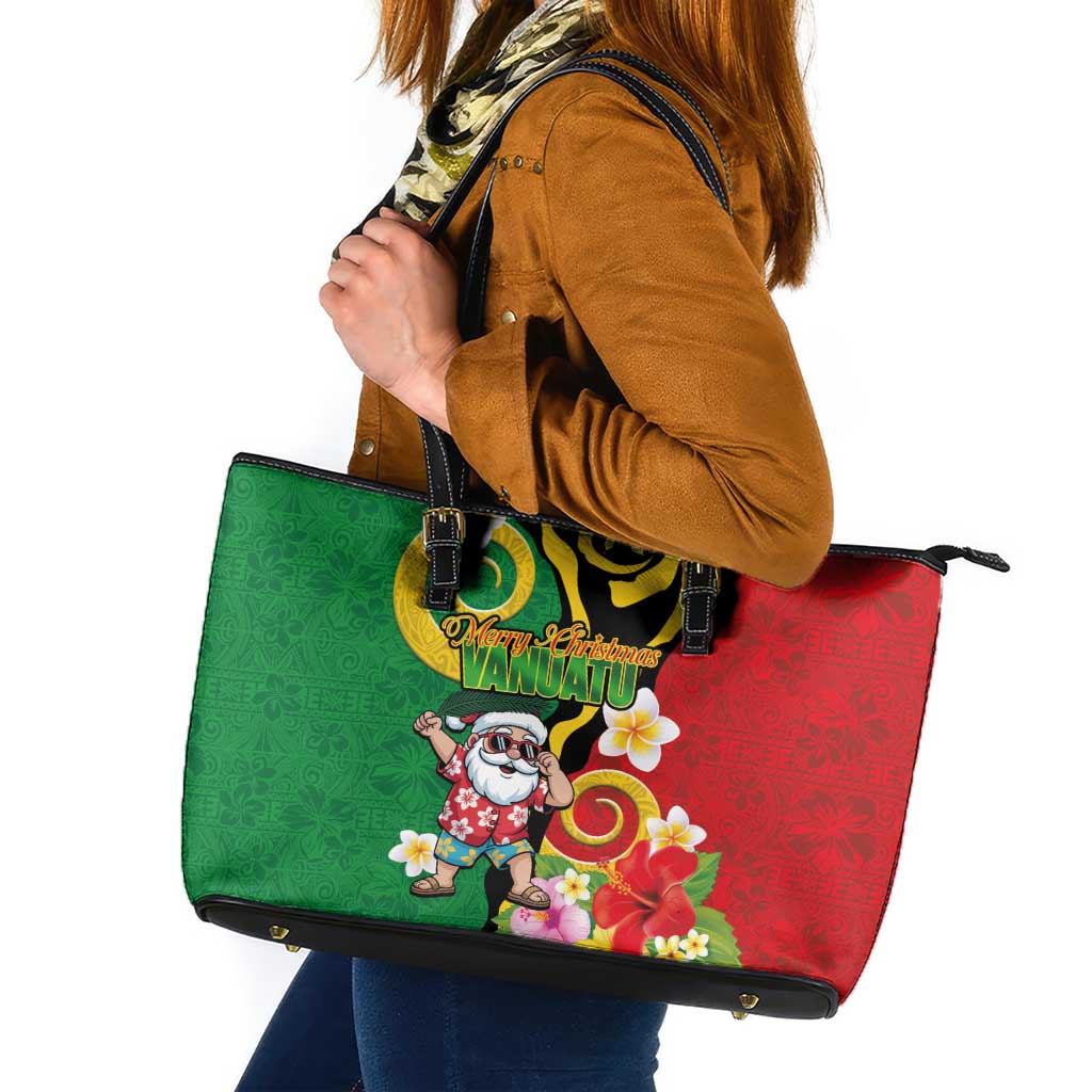 Vanuatu Christmas Leather Tote Bag Funny Santa with Namele and Boar Tusk Tribal - Polynesian Pride