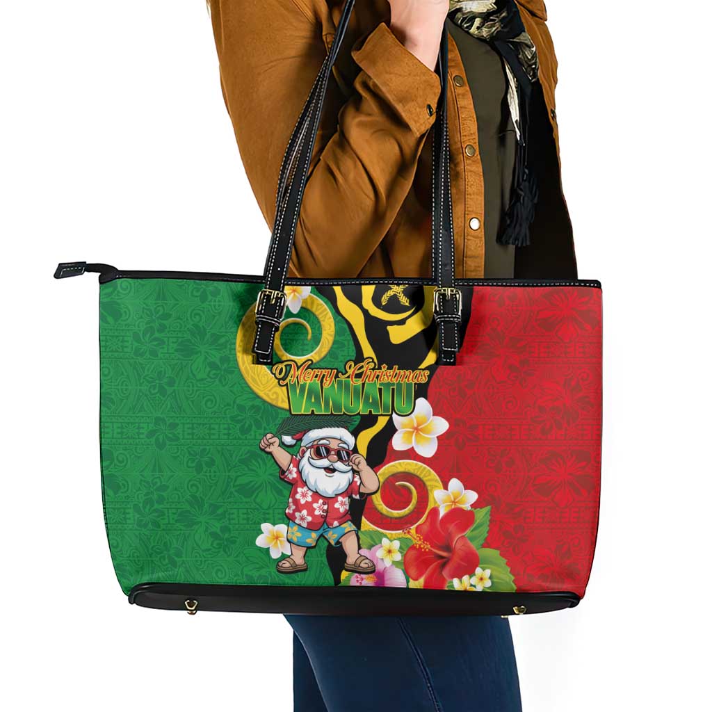 Vanuatu Christmas Leather Tote Bag Funny Santa with Namele and Boar Tusk Tribal - Polynesian Pride