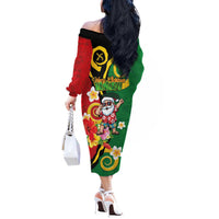 Vanuatu Christmas Off The Shoulder Long Sleeve Dress Funny Santa with Namele and Boar Tusk Tribal - Polynesian Pride