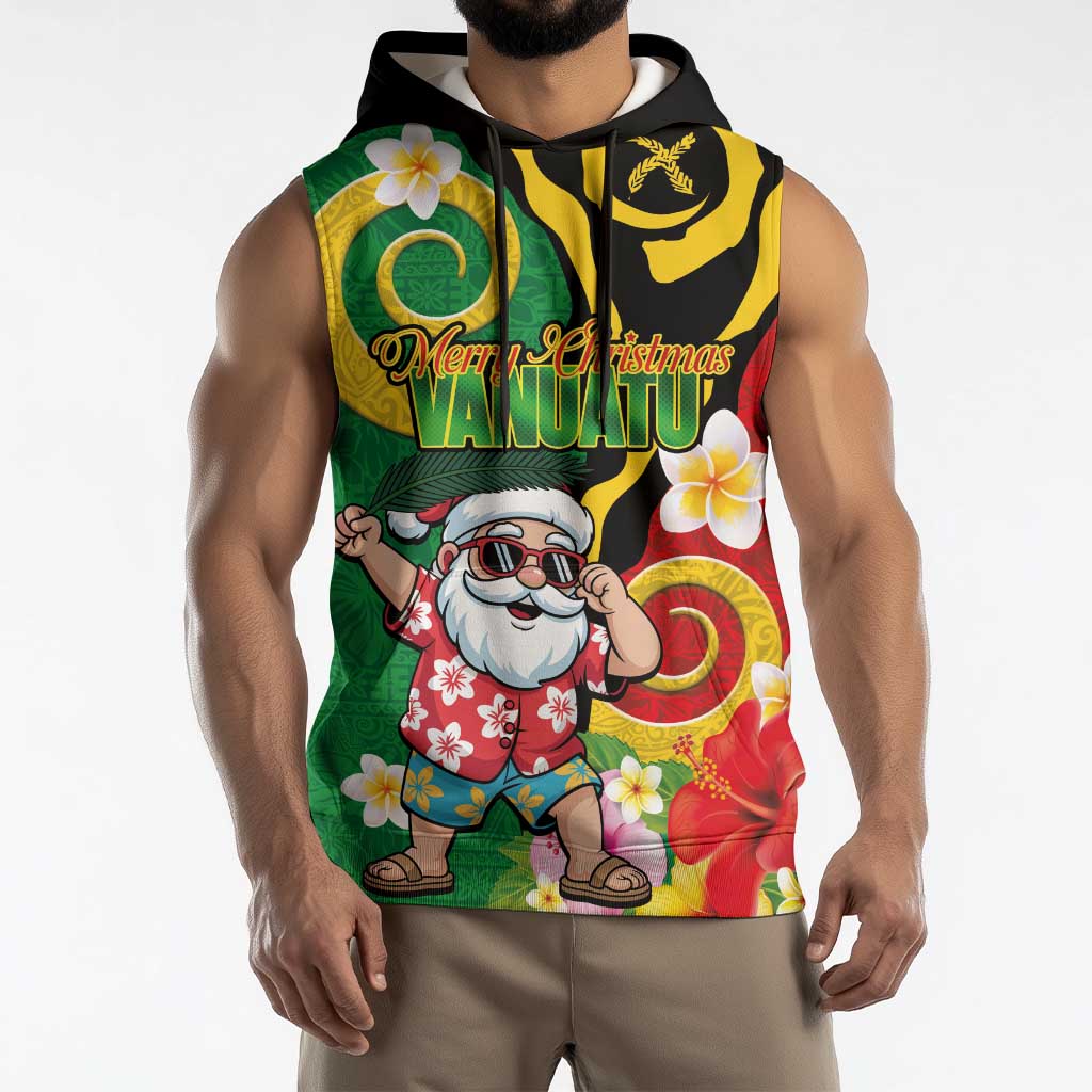 Vanuatu Christmas Sleeveless Hoodie Funny Santa with Namele and Boar Tusk Tribal LT03 - Polynesian Pride