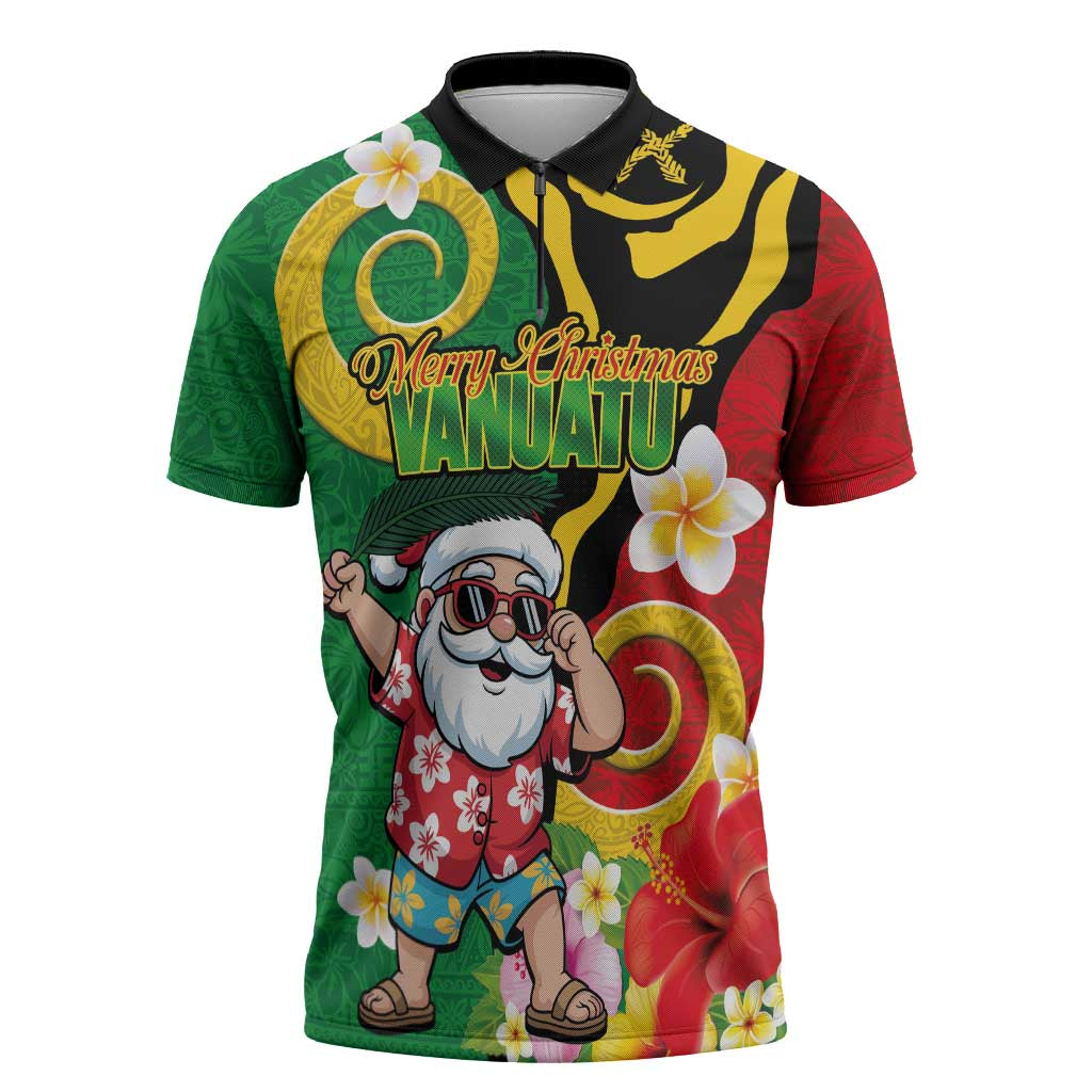 Vanuatu Christmas Zipper Polo Shirt Funny Santa with Namele and Boar Tusk Tribal - Polynesian Pride