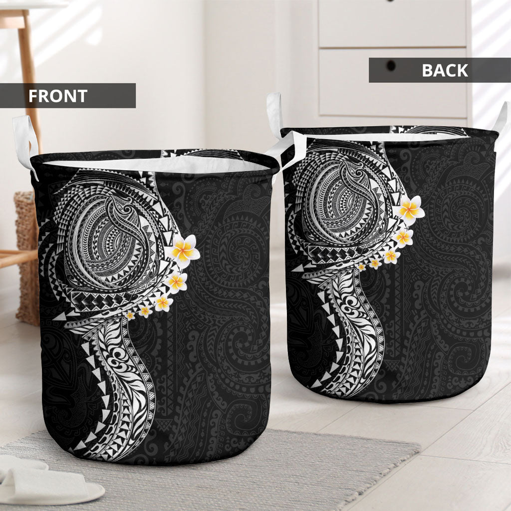 Hawaiian Tribal Tattoo and Plumeria Laundry Basket Polynesian Pattern Black Color