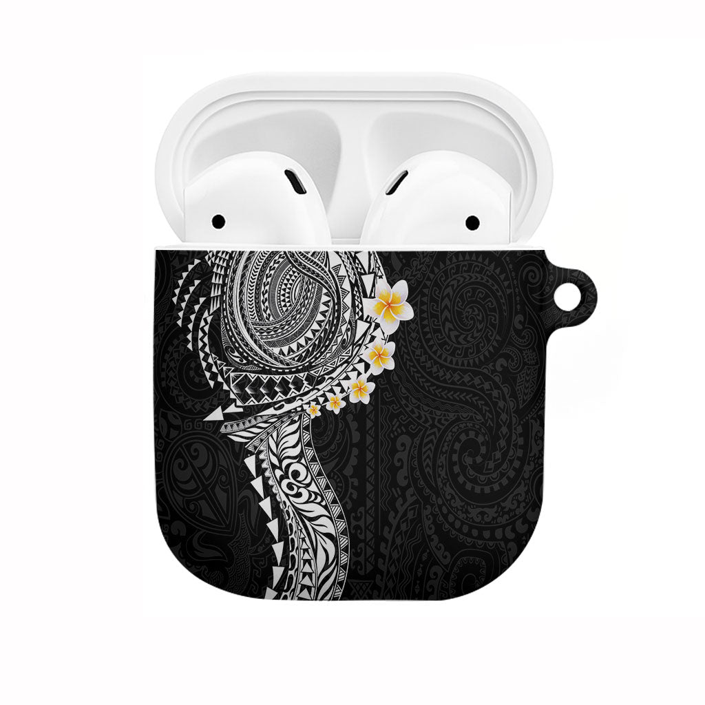 Hawaiian Tribal Tattoo and Plumeria AirPods Case Polynesian Pattern Black Color
